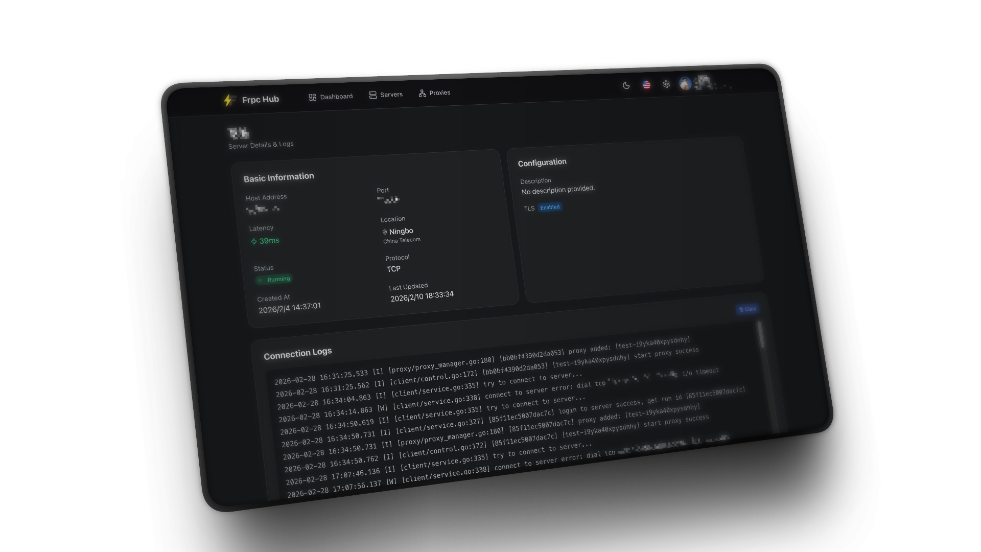 代理详情 — 实时连接日志